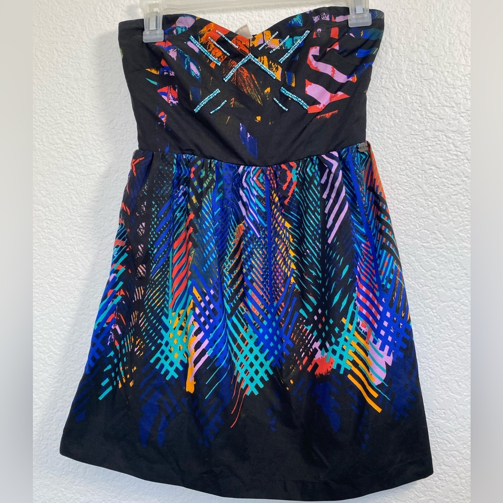 Vintage Roxy Strapless Mini Dress – Y2K Vibes, Colorful Abstract Print, Size xs